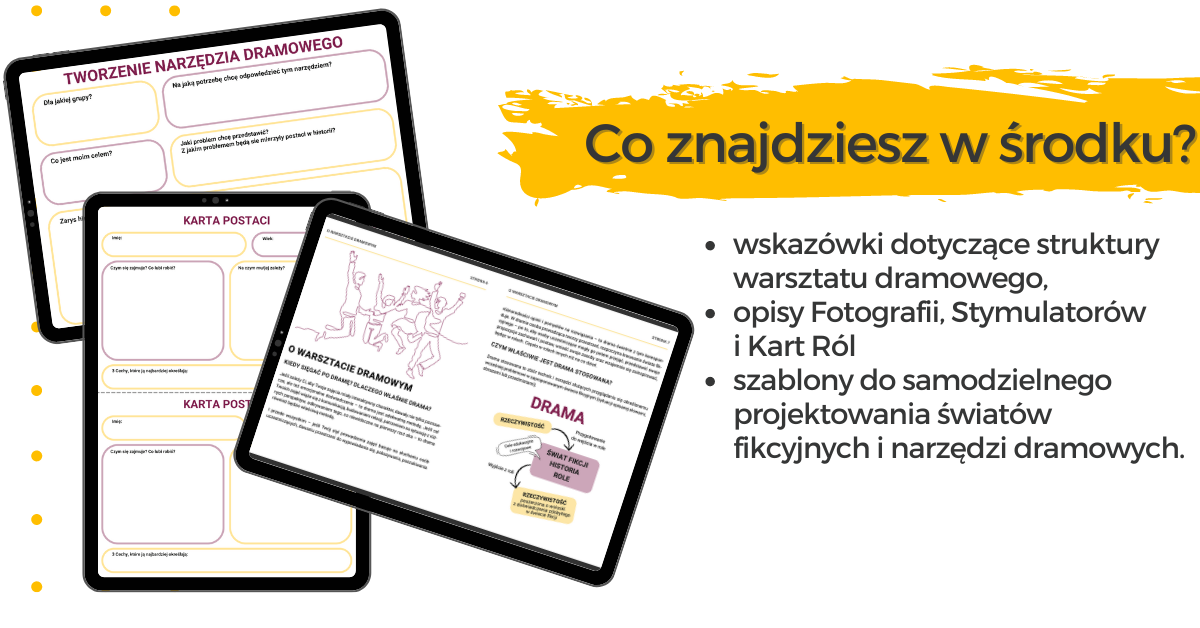 Tak, zróbmy to – środek Obrazek przedstawia baner informacyjny promujący publikację Tak! Zróbmy to. Główne elementy banera: 1. **Nagłówek**: - **"Co znajdziesz w środku?"** – zachęta do zapoznania się z zawartością. 2. **Lista korzyści/treści**: - Wskazówki dotyczące **struktury warsztatu dramowego**. - Opisy narzędzi dramowych: **Fotografie, Stymulatory, Karty Ról**. - **Szablony** do samodzielnego projektowania światów fikcyjnych i narzędzi dramowych. Dodatkowe informacje: - Baner ma minimalistyczny design z czarnym tekstem na jasnym tle.