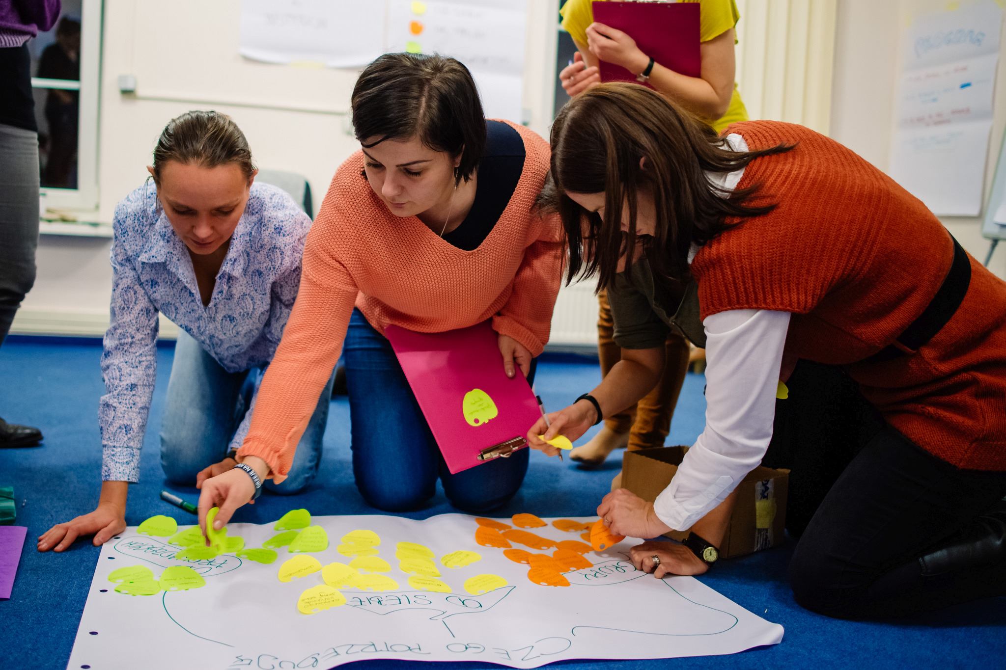 Zjęcie przedstawiające 3 osoby, które klęczą i przyklejają karteczki typu post-it do kartki flipchartu leżącej na podłodze.