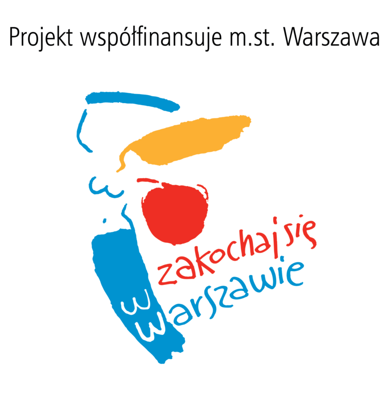 Grafika syrenki warszawskiej z napisem "Zakochaj się w Warszawie" oraz informacją: Projekt współfinansuje m.st. Warszawa
