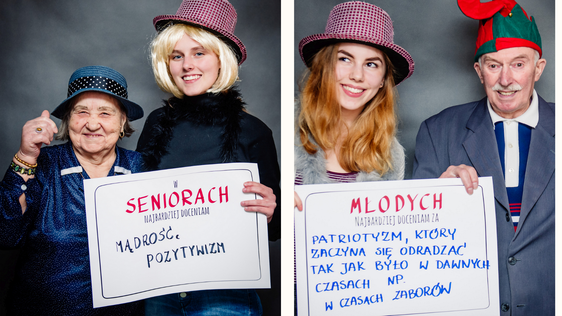 Kolaż zdjęć seniorów i młodych trzymających kartki z tekstem: W seniorach najbardziej doceniam mądrość i pozytywizm. Młodych najbardziej doceniam za patriotyzm, który zaczyna się odradzać tak jak było w danych czasach np. w czasach zaborów.