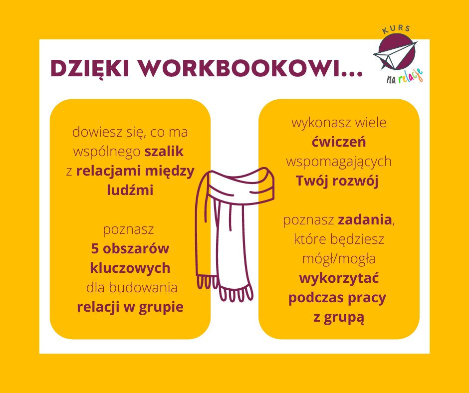 workbook1 Grafika z napisem: Dzięki workbookowi... dowiesz się, co ma wspólnego szalik z relacjami między ludźmi, poznasz 5 obszarów kluczowych dla budowania relacji w grupie, wykonasz wiele ćwiczeń wspomajających Twój rozwój, poznasz zadania, które będziesz mógł/mogła wykorzystać podczas pracy z grupą