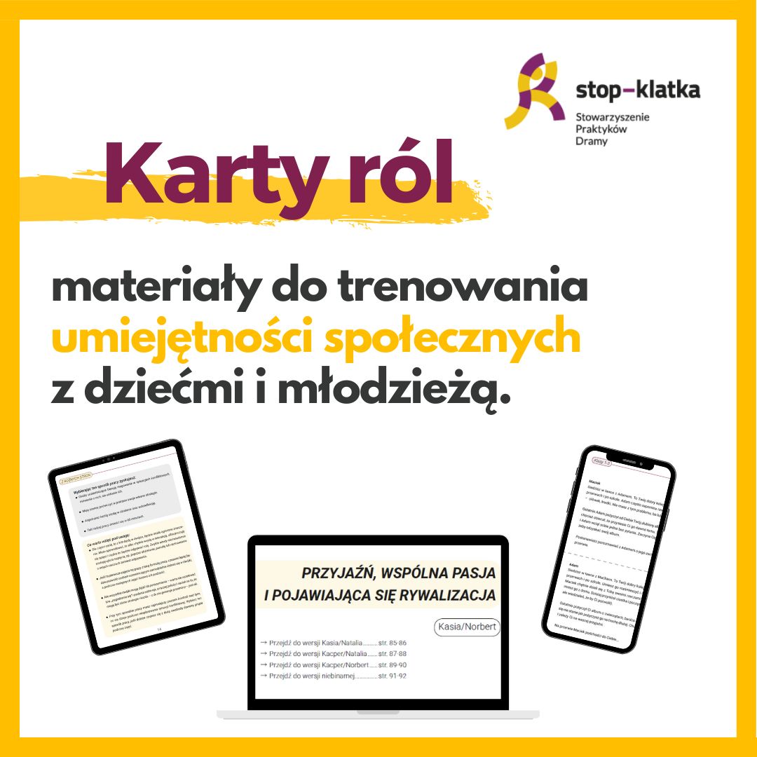 Grafika z napisem: Karty ról - materiały do trenowania umiejętności społecznych z dziećmi i młodzieżą